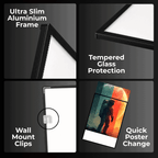 GlowFrame features: ultra-slim aluminium frame, tempered glass protection, wall mount clips and quick poster change
