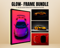 A promotional graphic for a 'Glow- Frame Bundle' showing three framed automotive posters on a beige background. The left frame features a purple and pink Lamborghini with a neon glow effect, while the right side shows two smaller framed posters of sports cars in dramatic lighting. fraapos