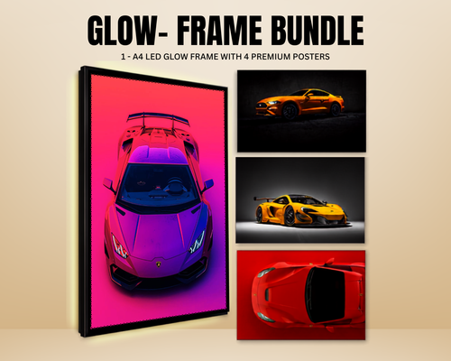 A promotional graphic for a 'Glow- Frame Bundle' showing three framed automotive posters on a beige background. The left frame features a purple and pink Lamborghini with a neon glow effect, while the right side shows two smaller framed posters of sports cars in dramatic lighting. fraapos