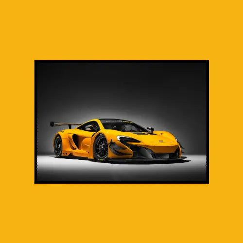 Yellow sports car on a dark background with a yellow bor