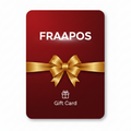 A rectangular gift card with rounded corners, featuring a dark navy-to-gold gradient background, the word 'FRAAPOS' in large white letters, a small gift icon, and a barcode near the bottom left, shown on a light gray background.