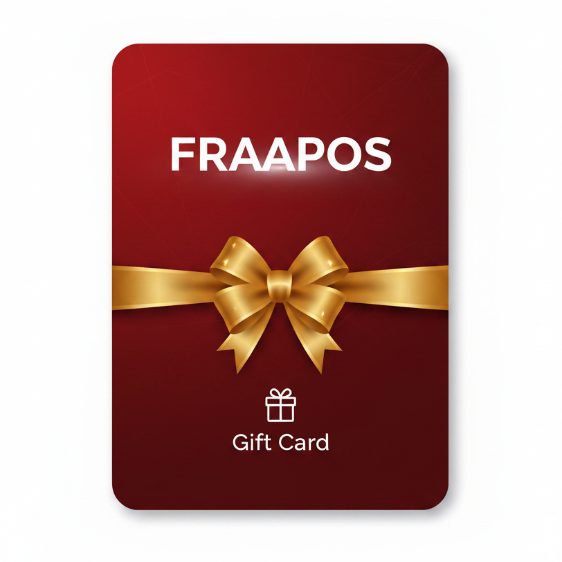 A rectangular gift card with rounded corners, featuring a dark navy-to-gold gradient background, the word 'FRAAPOS' in large white letters, a small gift icon, and a barcode near the bottom left, shown on a light gray background.